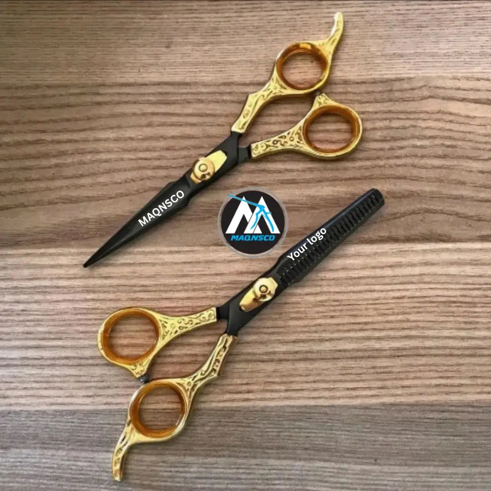 Barber Hair Cutting Scissors Set Black Gold Steel Handle Stainless Steel Blade Right-Handed 26 Teeth Thinning Beauty Salon