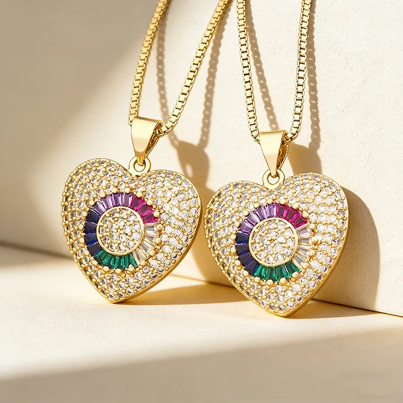 QIKU Romance Heart Shape Pendant Women Necklace Copper Micro Pave Colorful Zircon Party Jewelry Engagement Gift Wholesale Price