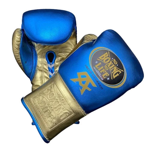 No Boxing No Life Professional Laced Boxing Gloves Thick 4-Layer Padding Breathable Moisture Wicking Blue/Gold Cowhide Gloves