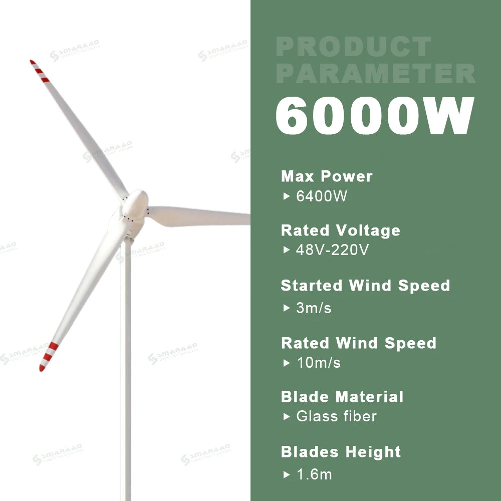 Smaraad 6KW Horizontal Wind Turbine Generator System Efficient Windmills for Power Production