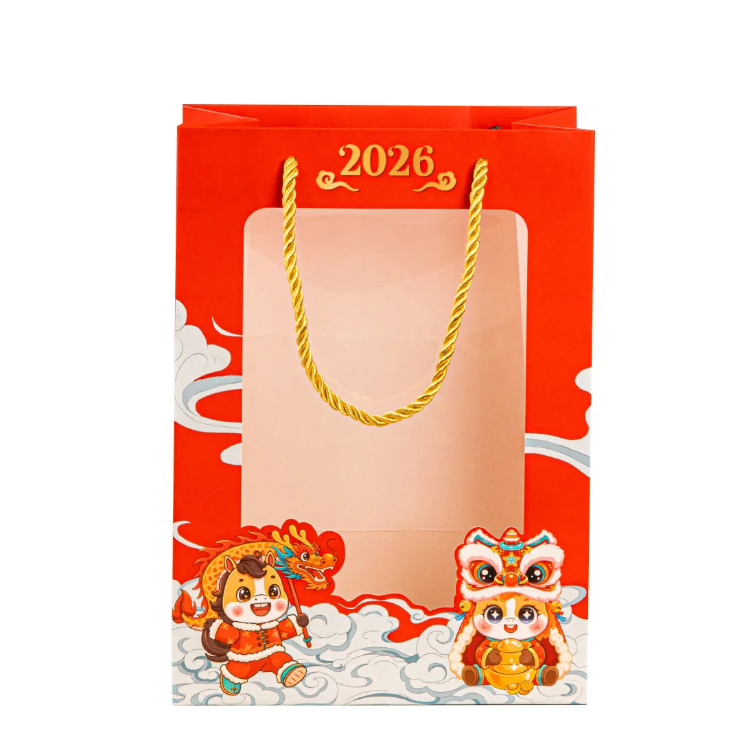 JUXINDA 2026 Transparent Window New Year Bag Horse Year Gift Bag High-End Handbag New Year Goods Packaging Bag