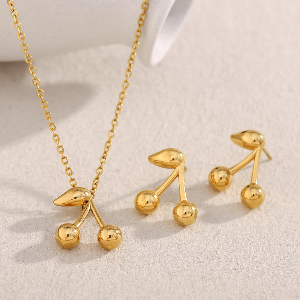 Dreamshow Cherry Pendant Necklace 18k Gold Plated Jewelry Set Stainless Steel Necklace Earring Set