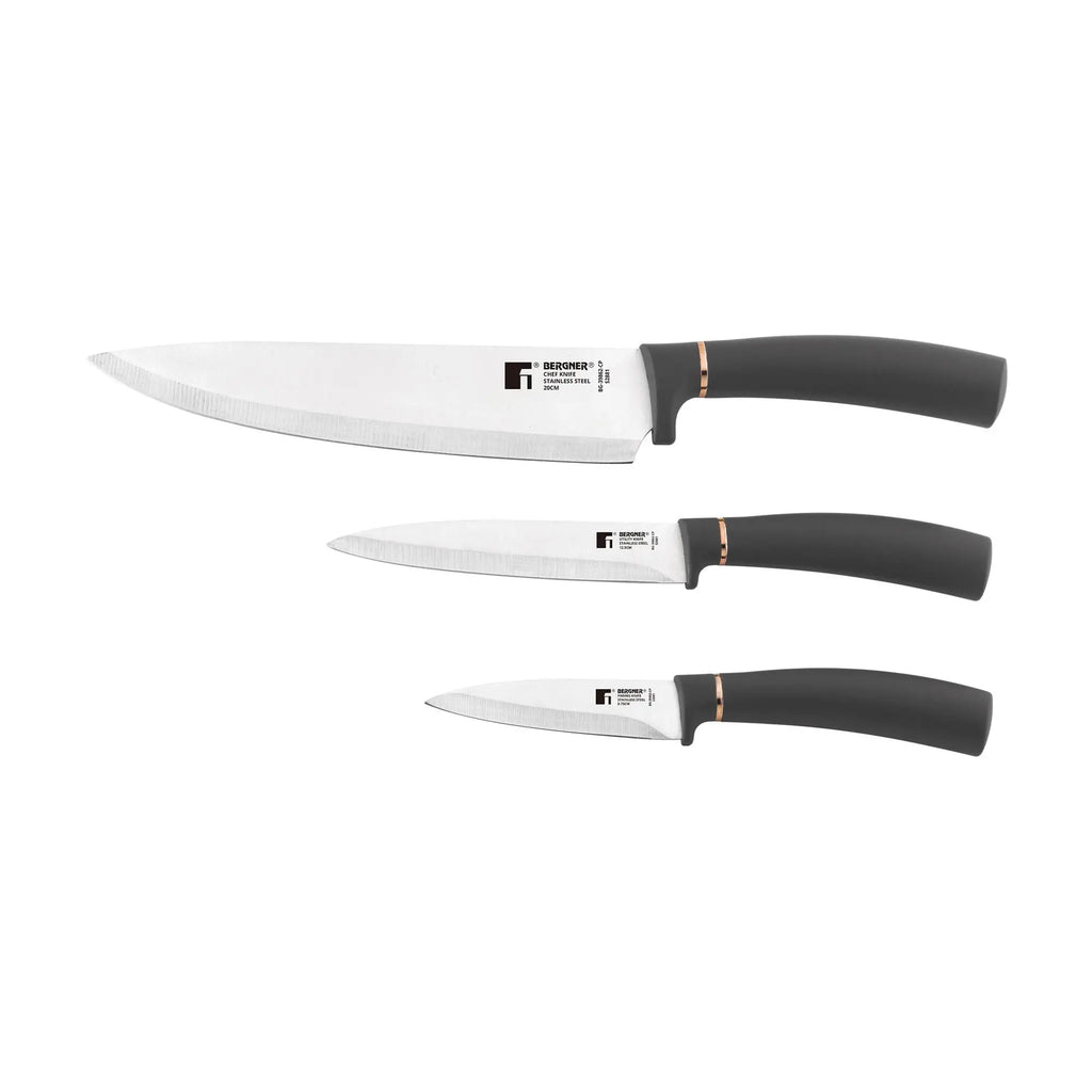 Bergner Copper 3-Piece Knife Set: Chef 20cm + Multipurpose 12.5cm + Peeler 8.75cm - In black and copper stainless steel