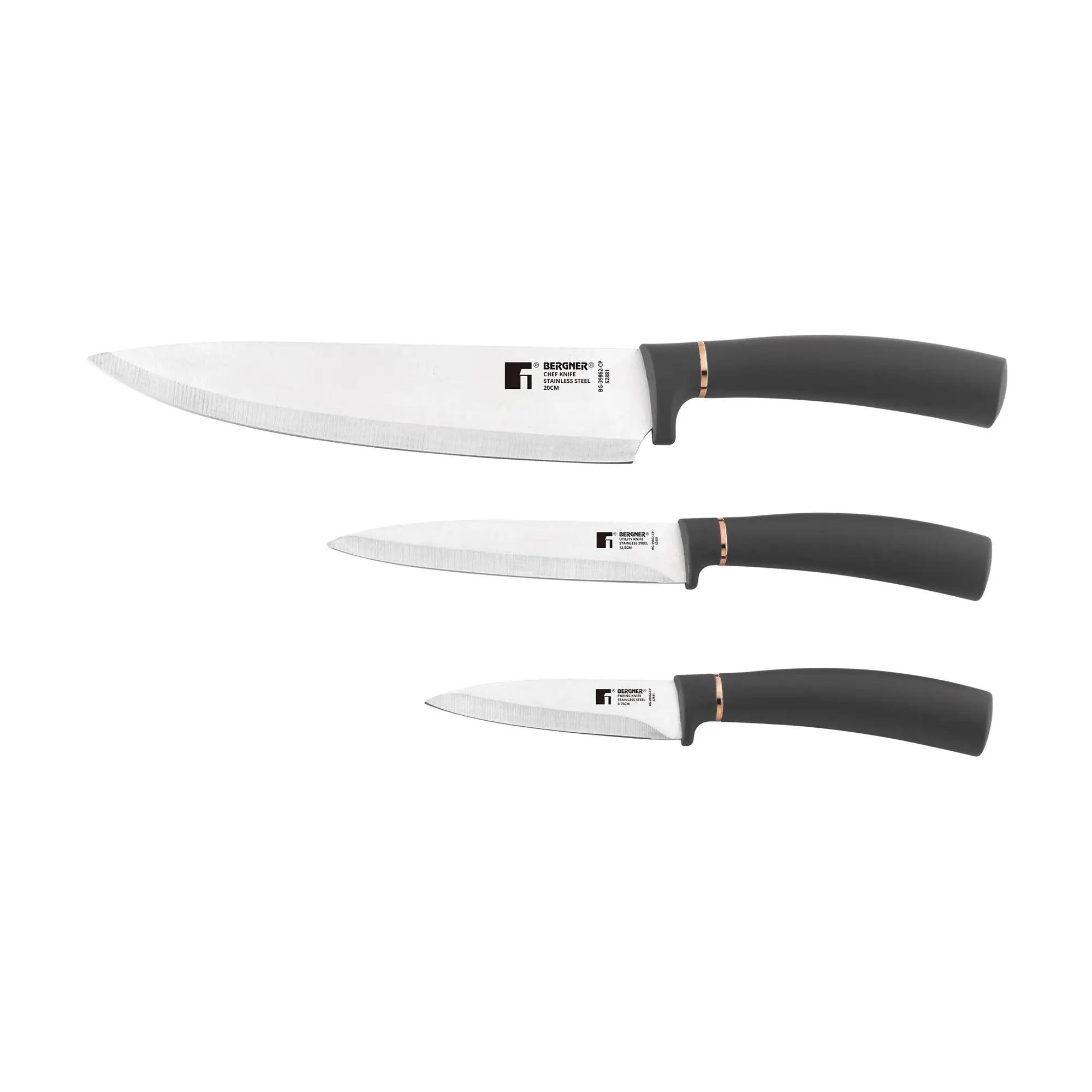 Bergner Copper 3-Piece Knife Set: Chef 20cm + Multipurpose 12.5cm + Peeler 8.75cm - In black and copper stainless steel