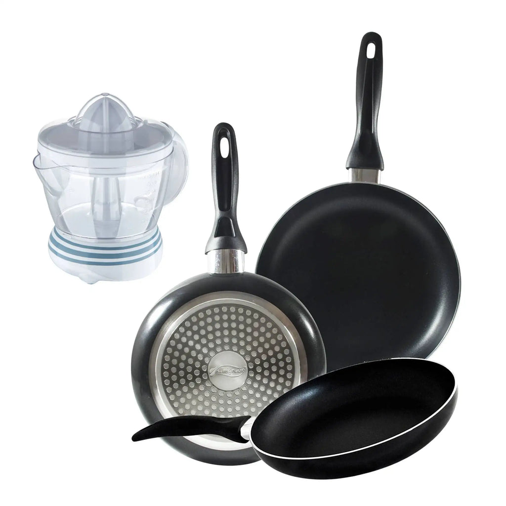 Set of 3 San Ignacio frying pans (16 20 24cm) pressed aluminum suitable for induction hobs + 40W juicer - 1.2 Liter capacity