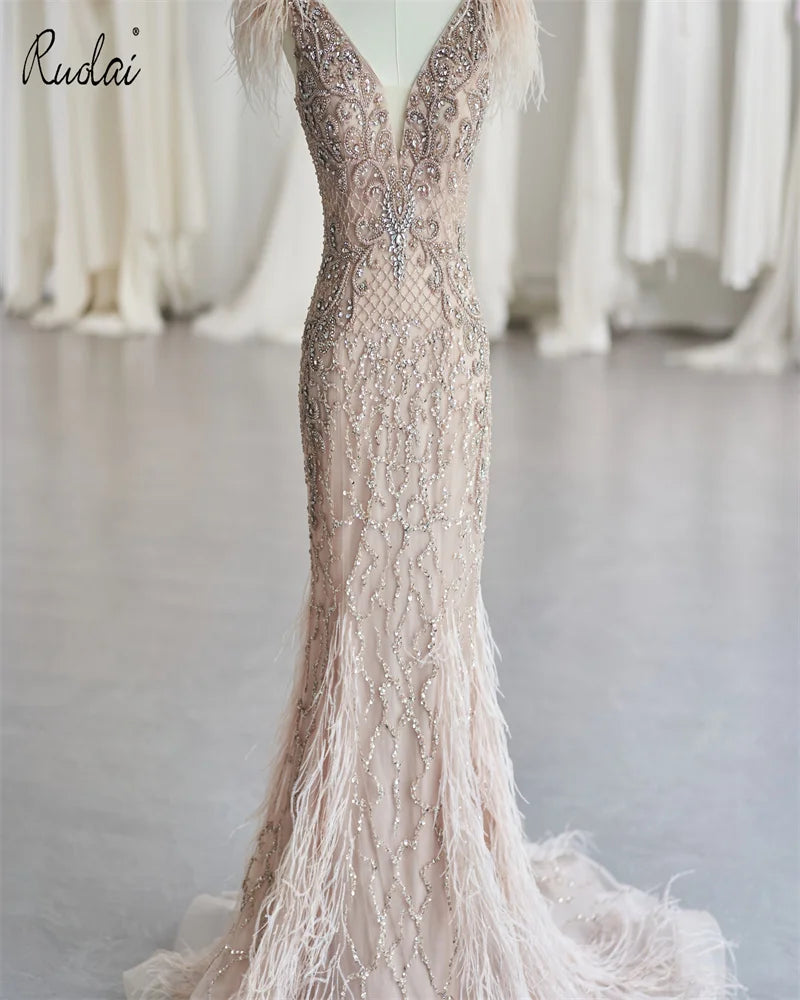 Ruolai LWC8210 Mermaid Beaded Feather Women Party Dresses Elegant Gown Luxury Evening Dresses