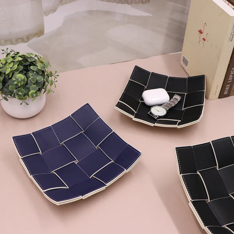 Fashionable Woven Storage Tray Large Capacity PU Leather Desktop Organizer Multipurpose Sundries Holder for Home Office