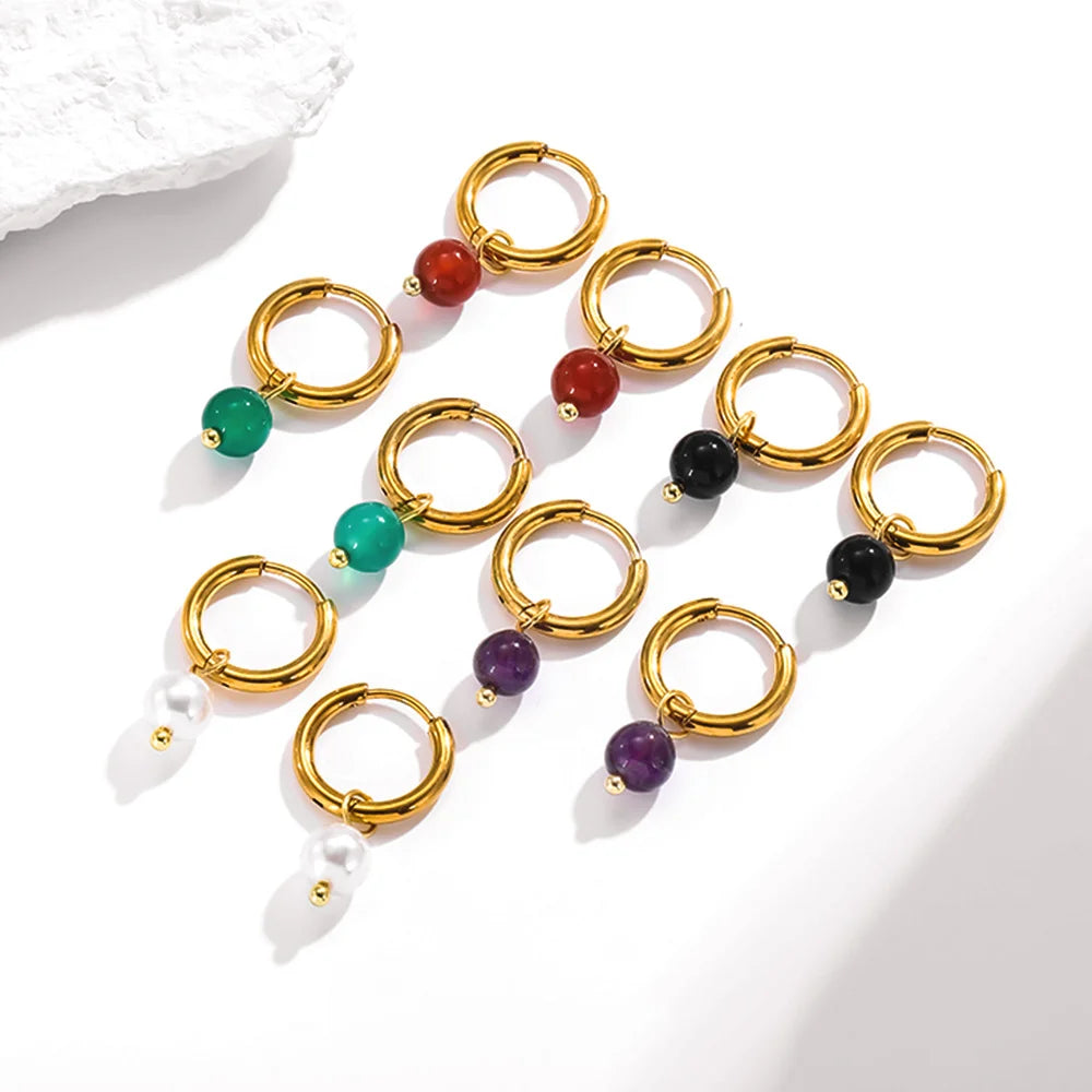 Fine Natural Agate 18k Gold Plated Beaded Hoop Drop Earrings Freshwater Pearl Earings Jewelry Women Fashion Dangle Earring