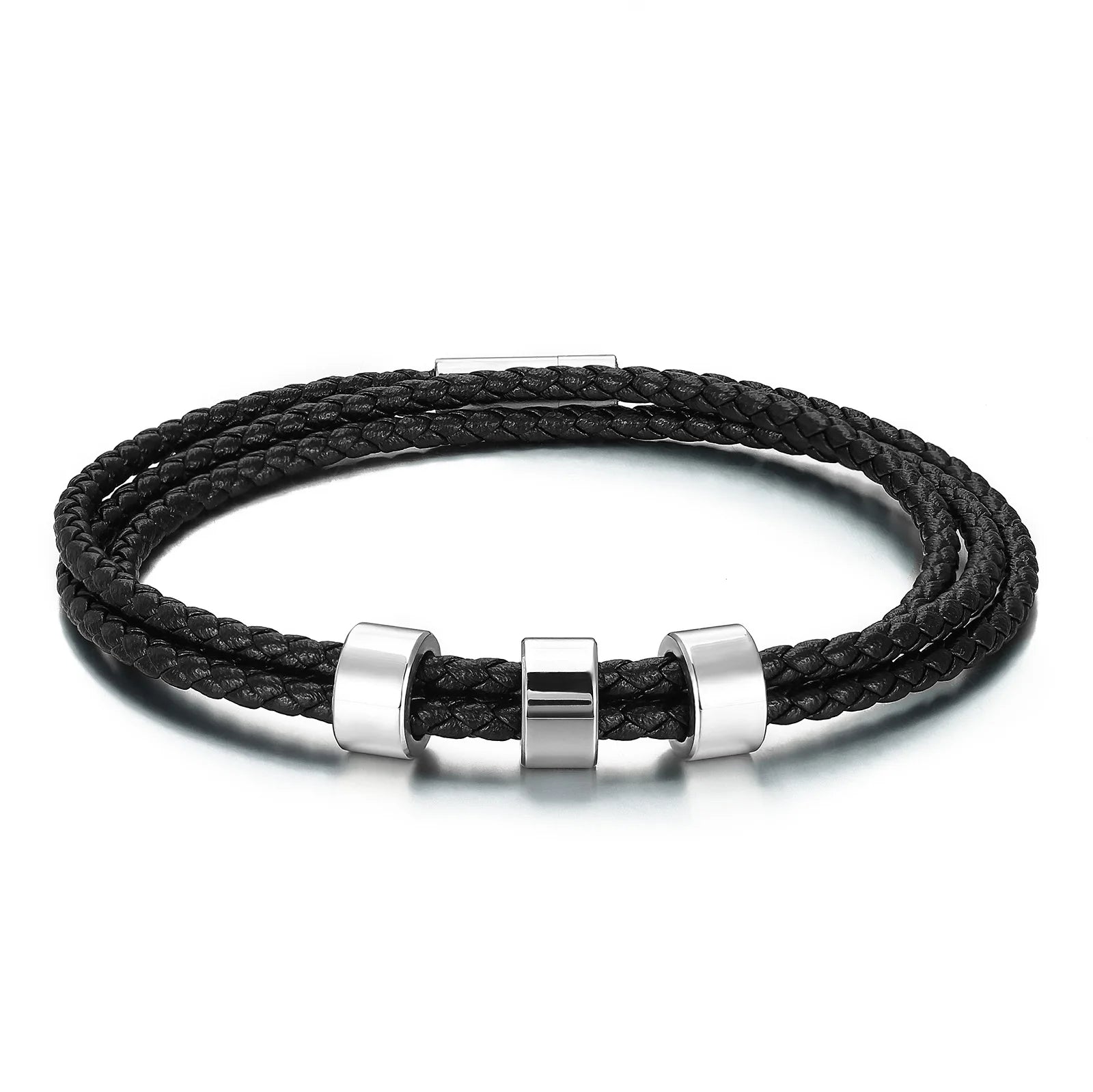 Men's Braided Multi-layer Stainless Steel Leather Bracelet Beads DIY Letter Engrave Bracelet