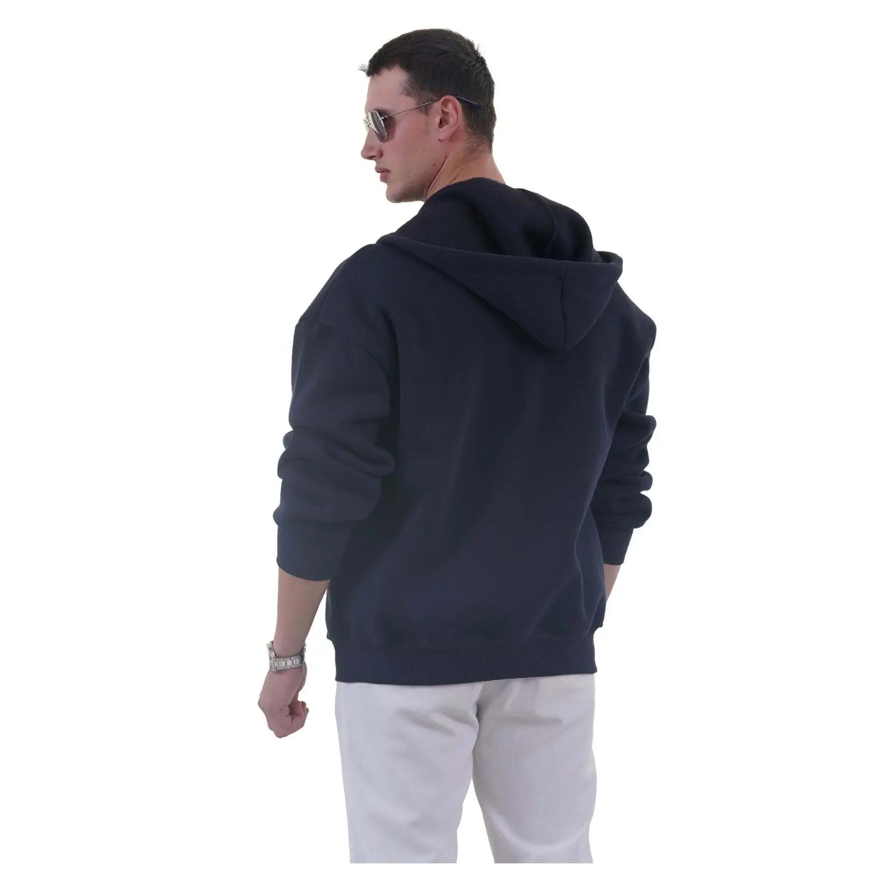 Navy Blue Basic Oversize Soft Knitted Winter Hooded Polar Fleece Inside 3 Thread Zippered Long Arm Big Size Cardigan Sweatshirt