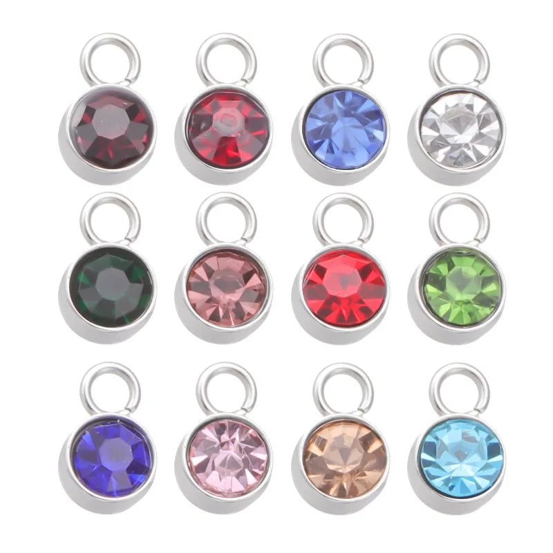 Stainless Steel Birthstone Charms Birth Stone Pack Gem 6mm Pendants DIY Handmade Making Findings for Necklace Bracelet