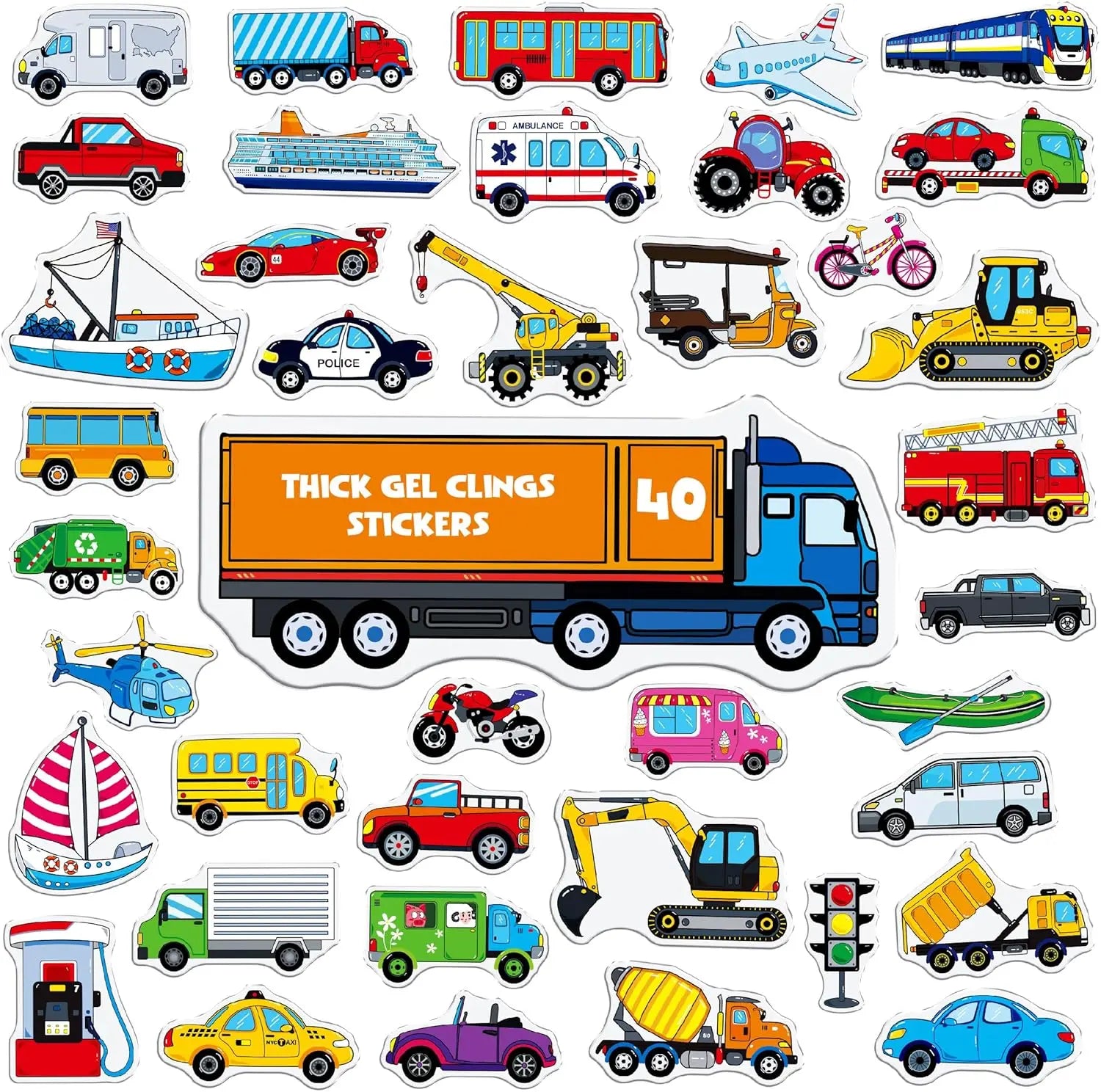Custom Vehicle Jelly Stickers Transportation Tools Thick Window Door Clings Removable Reusable Gel Decals for Kids Toddlers