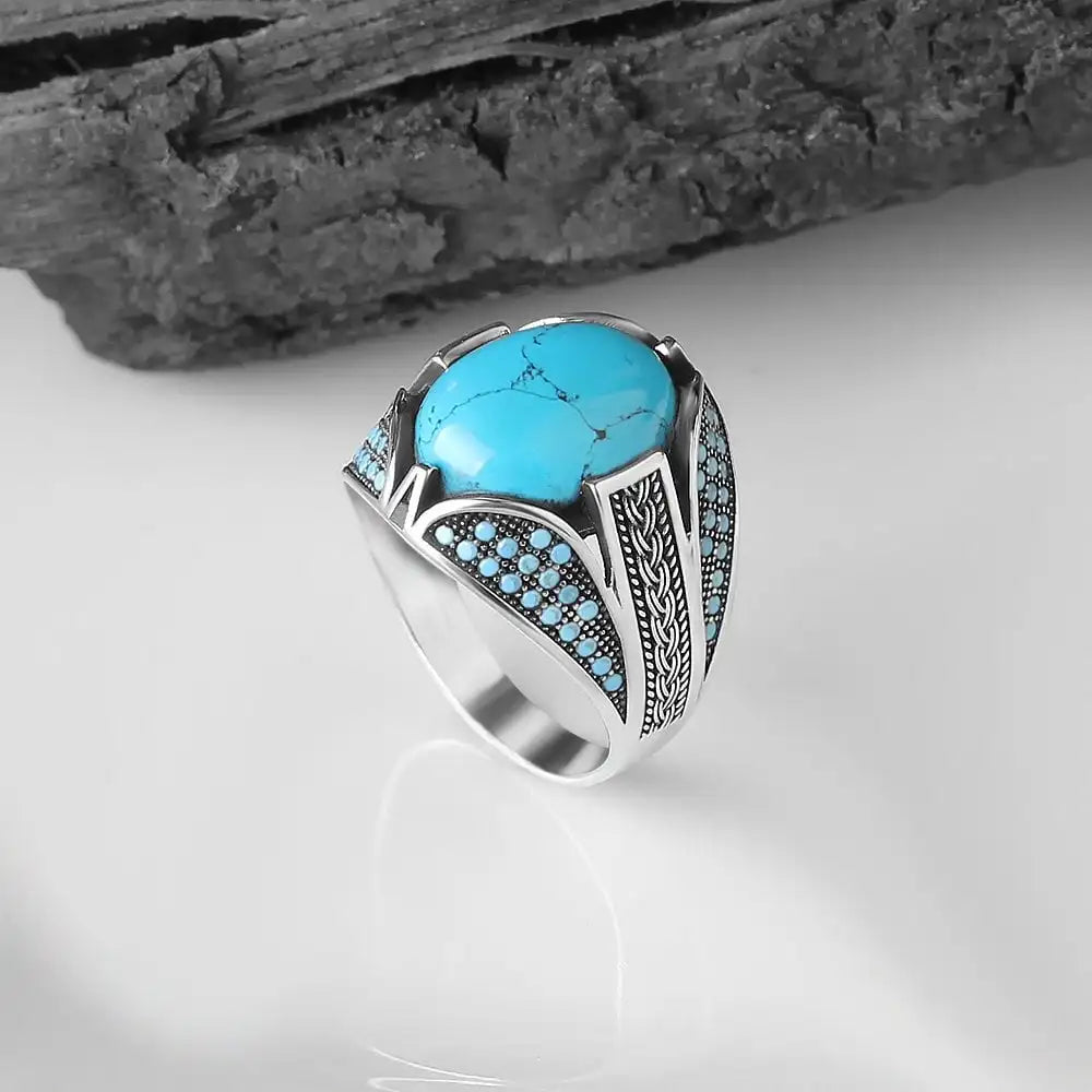 Wholesale Azuris VALKH1192 925 Sterling Silver Ottoman Style Men's Ring with Natural Agate Stone Handmade in Turkey