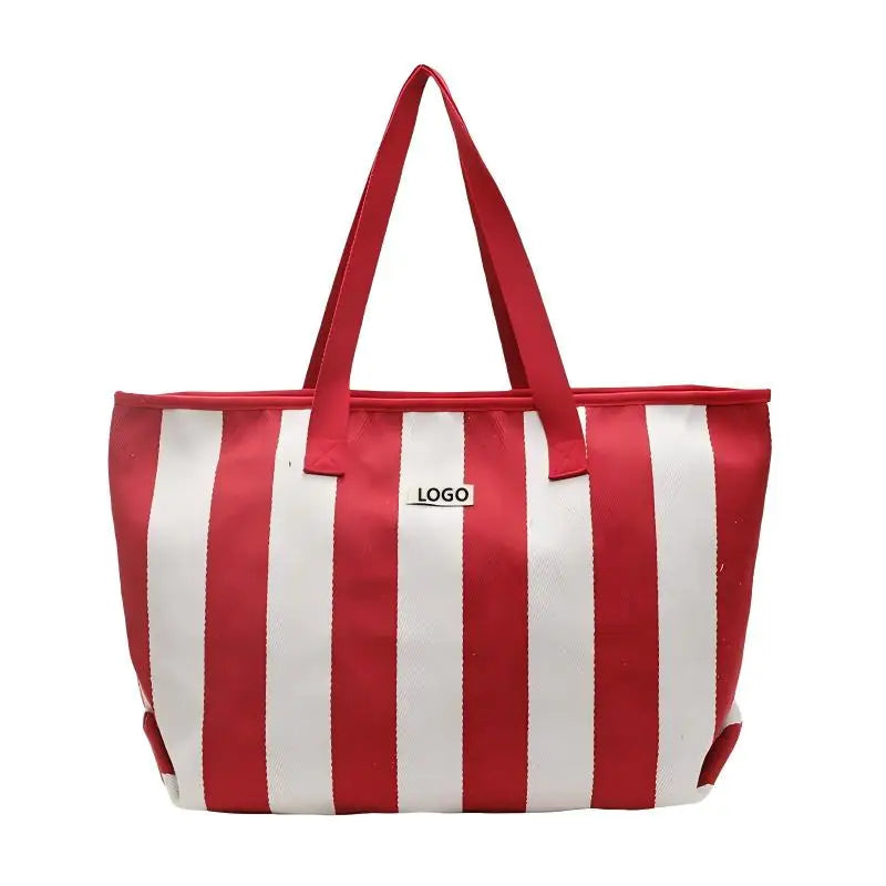 Women's Customized Logo Striped Canvas Tote Bag 2025 New Arrival Simple Leisure Shoulder Bag Large Capacity Handbag