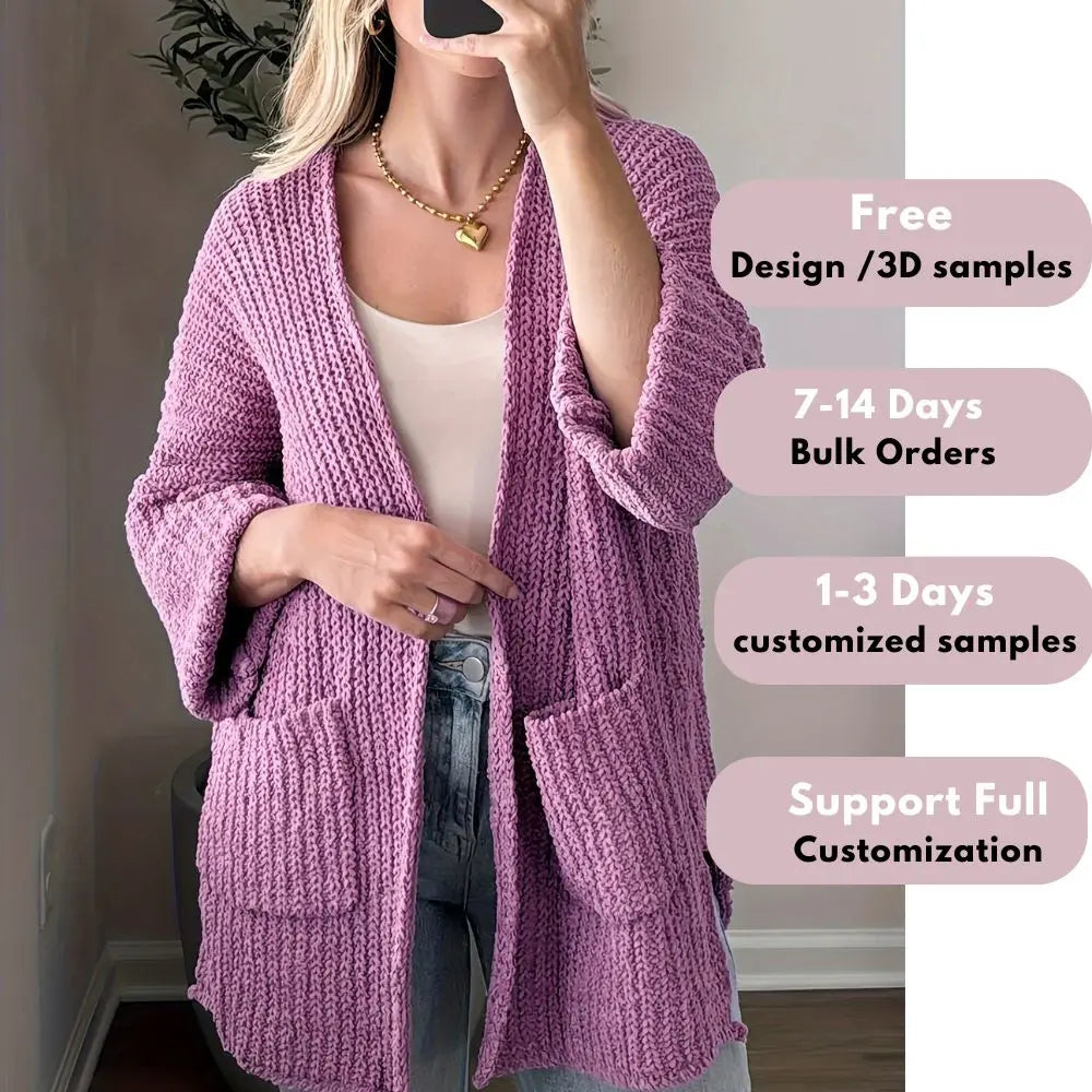 Women's Open Front Long Cardigan Solid Color Knit Sweater with Pockets Casual Style for Winter Season Manufactured for Autumn