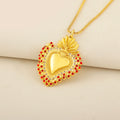 QIKU Wholesale Sacred Heart of Jesus Around Gold Zircon Link Chain Pendant Christian Necklace Copper 18K Gold Plated Unisex