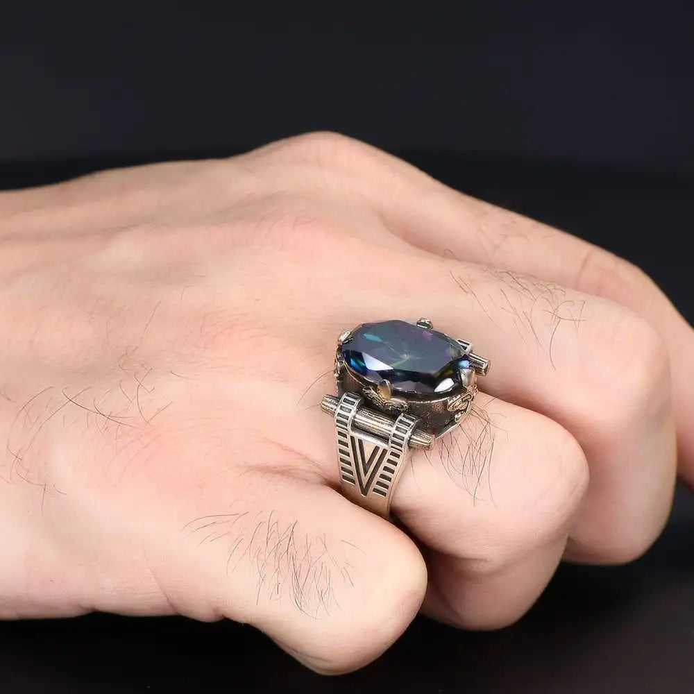 Azuris Custom Logo 925 Sterling Silver Ottoman Style Men's Ring Naturel Black Stone Handmade in Turkey VALKH1517