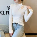 Spring and Autumn Slim Long Sleeve Base Shirt Solid Color Turtle-Neck and Hollow Top Knitted Pullover Sweater for Woman
