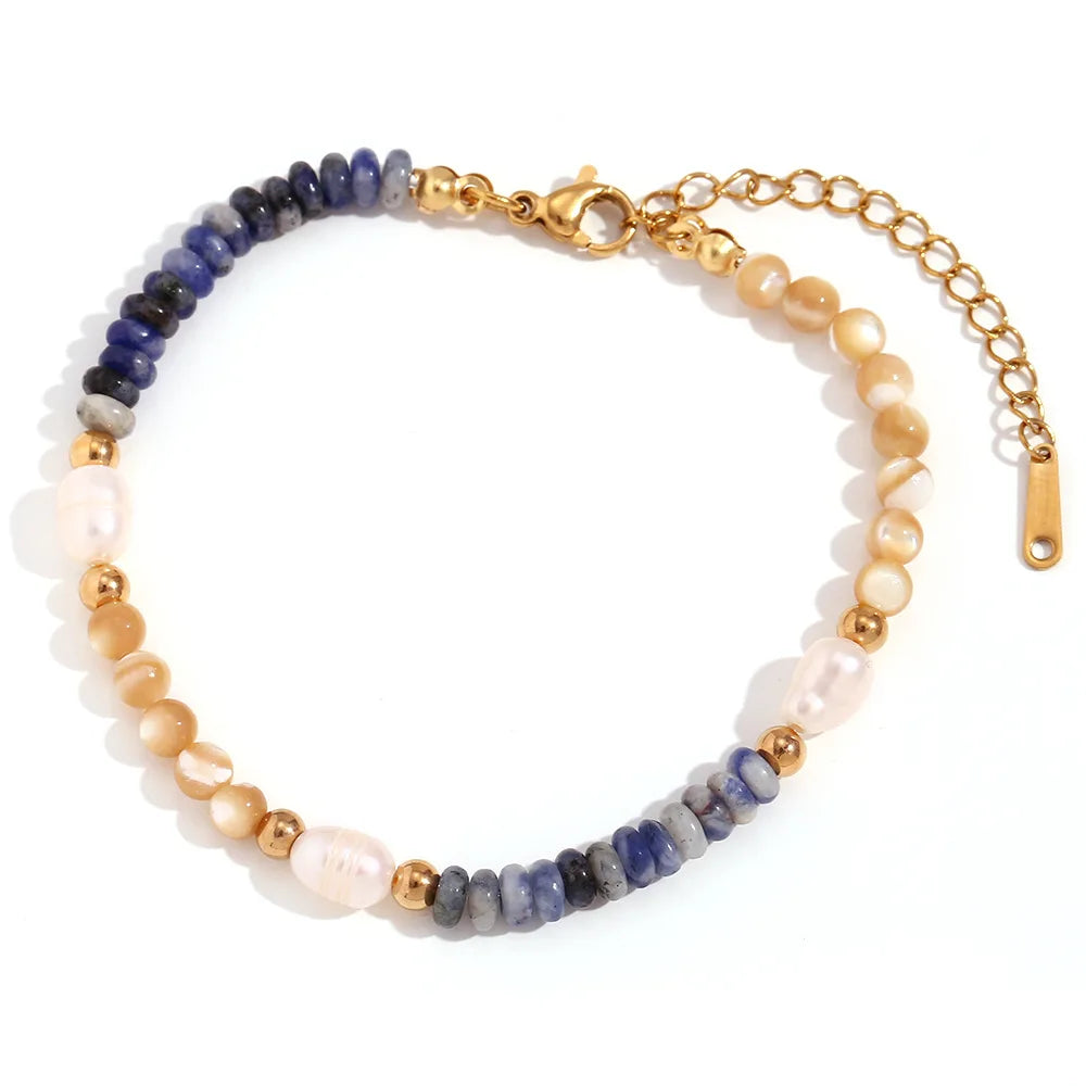Personality Hand Decoration Stainless Steel Bohemian Pearl Chain Bracelets Handmade Beaded Natural Stone Bracelet for Women