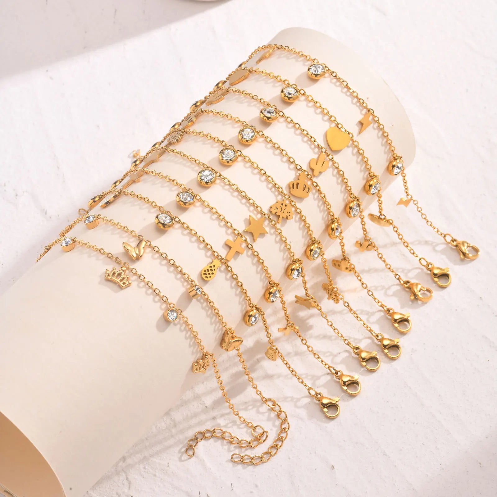 New Fashion 18K Gold Plated Stainless Steel Cubic Zirconia Heart Cross Cactus Star Butterfly Bracelet
