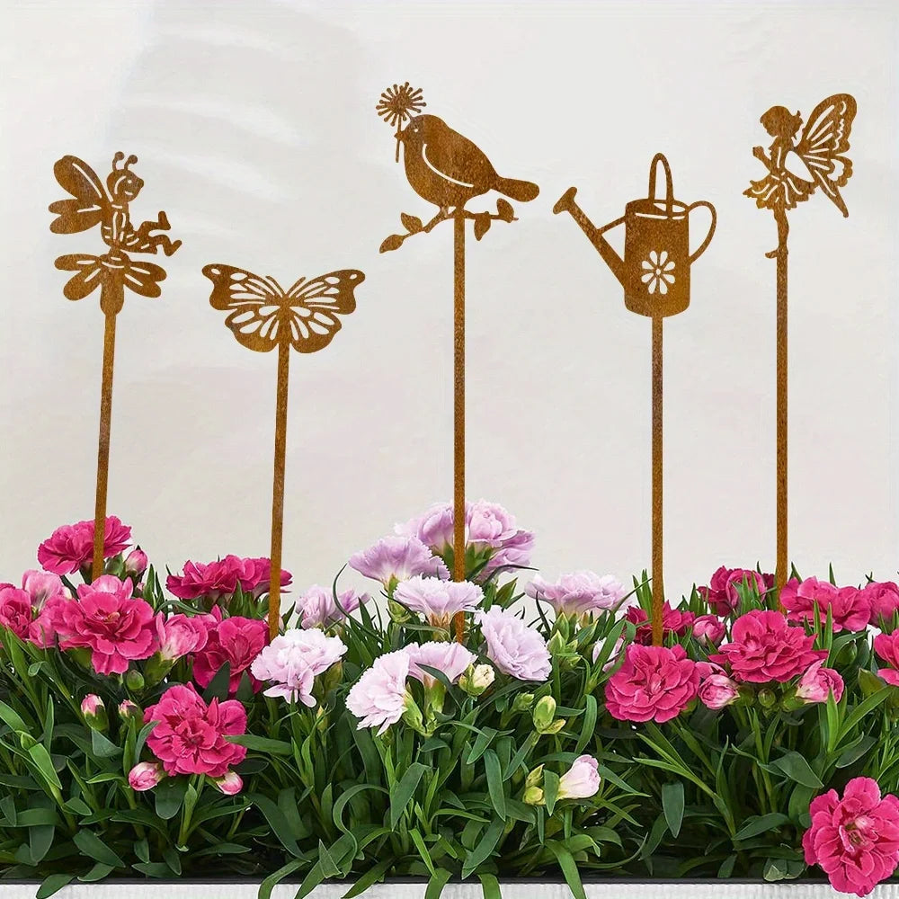 5PCS Metal Garden Stakes Rust Finish Fairy Bird Butterfly Watering Can Yard Decor Outdoor Lawn Ornaments for Flower Pots