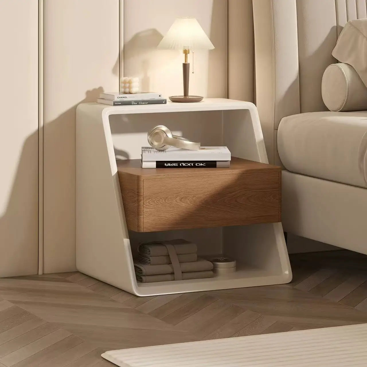 Minimalist Italian Style Solid Wood Nightstand Cream Simple Eco-friendly Painted Bedside Table Creative Bedroom Side Table