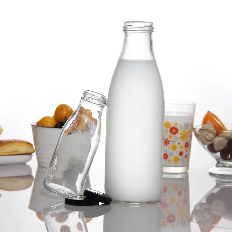Free Sample Custom Logo 200ml 250ml 500ml 1000ml Beverage Juice Milk Glass Bottle With Metal Lids
