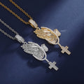 Iced Out Bling Praying Hands Cross Pendants Necklace Cubic Zirconia Brass Gold Plated Hand of Prayer Charm for Men Women Jewelry