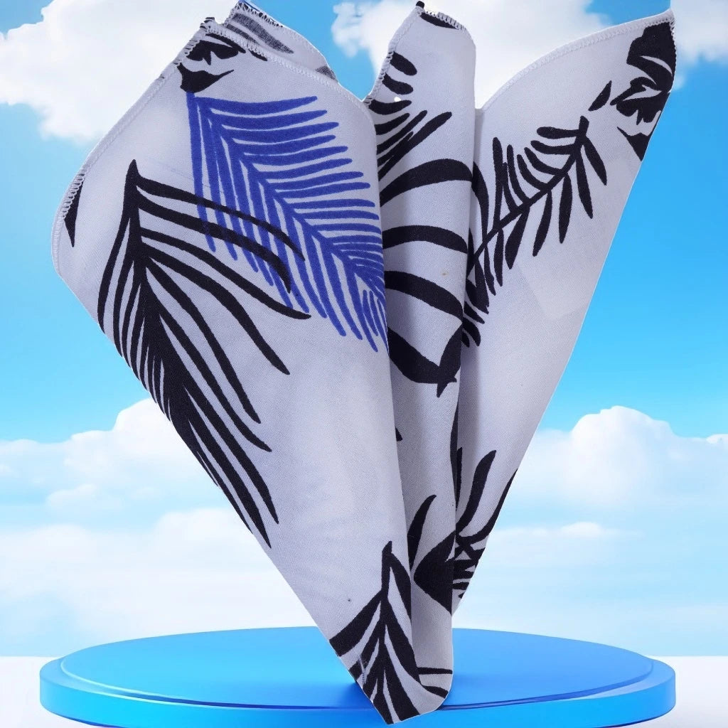 Exve Exclusive White Navy Blue Hawaiian Leaf Print Cotton Pocket Square Made in Turkey