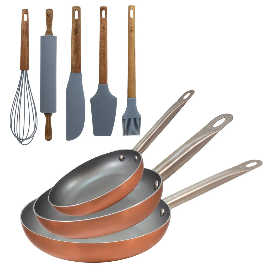 Set of 3 San Ignacio frying pans (18 22 26cm) pressed aluminum suitable for induction + Set of 5 Silicone and Acacia Wood