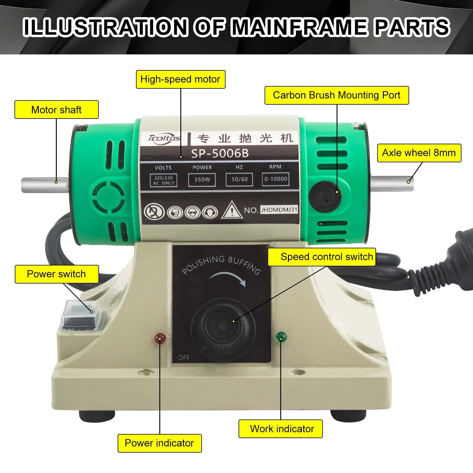 Boasta SP-5006B 350W Jewelry Buffing Polishing Machine Variable Speed 0-10000RPM Dual Shaft Cast Iron Base