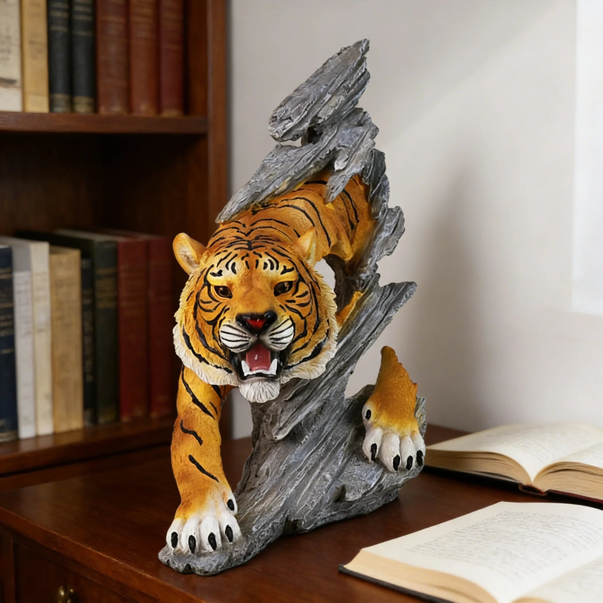 Realistic Roaring Tiger Breaking Through Rock Resin Sculpture Lifelike Tiger Statue with Detailed Stripes and Teeth