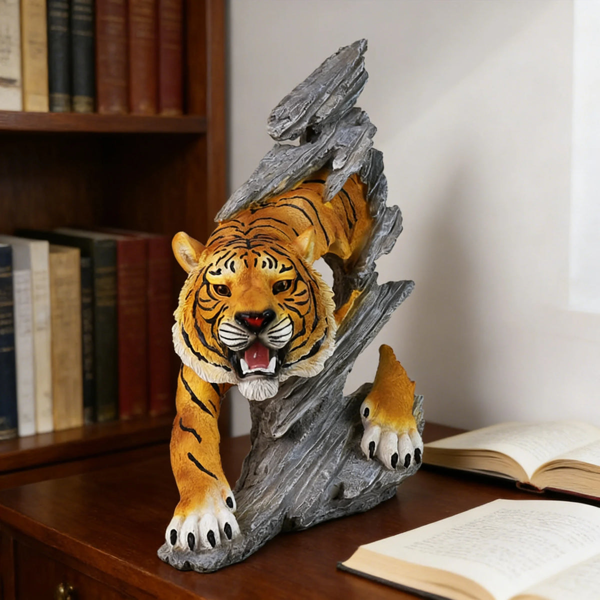 Realistic Roaring Tiger Breaking Through Rock Resin Sculpture Lifelike Tiger Statue with Detailed Stripes and Teeth MegaBDM