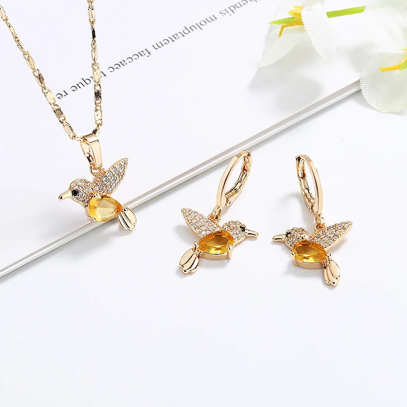 Sell Fast Sooo Fast Cute Jewelry!  Cute Hummingbird Bird Animals Jewelry Cubic Zirconia Gold Plated Fashionable Jewelry Sets