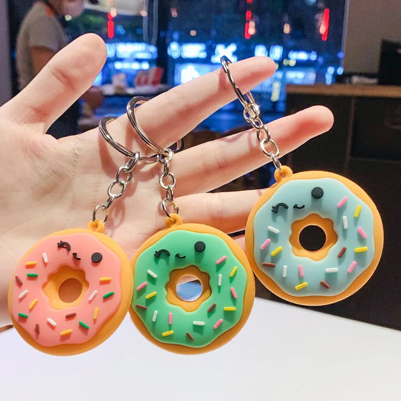 HOT Keychain Donut Cartoon Keychain for Car PVC Food Keychain Creative Small Food Key Chain Ornaments Anime Accessories