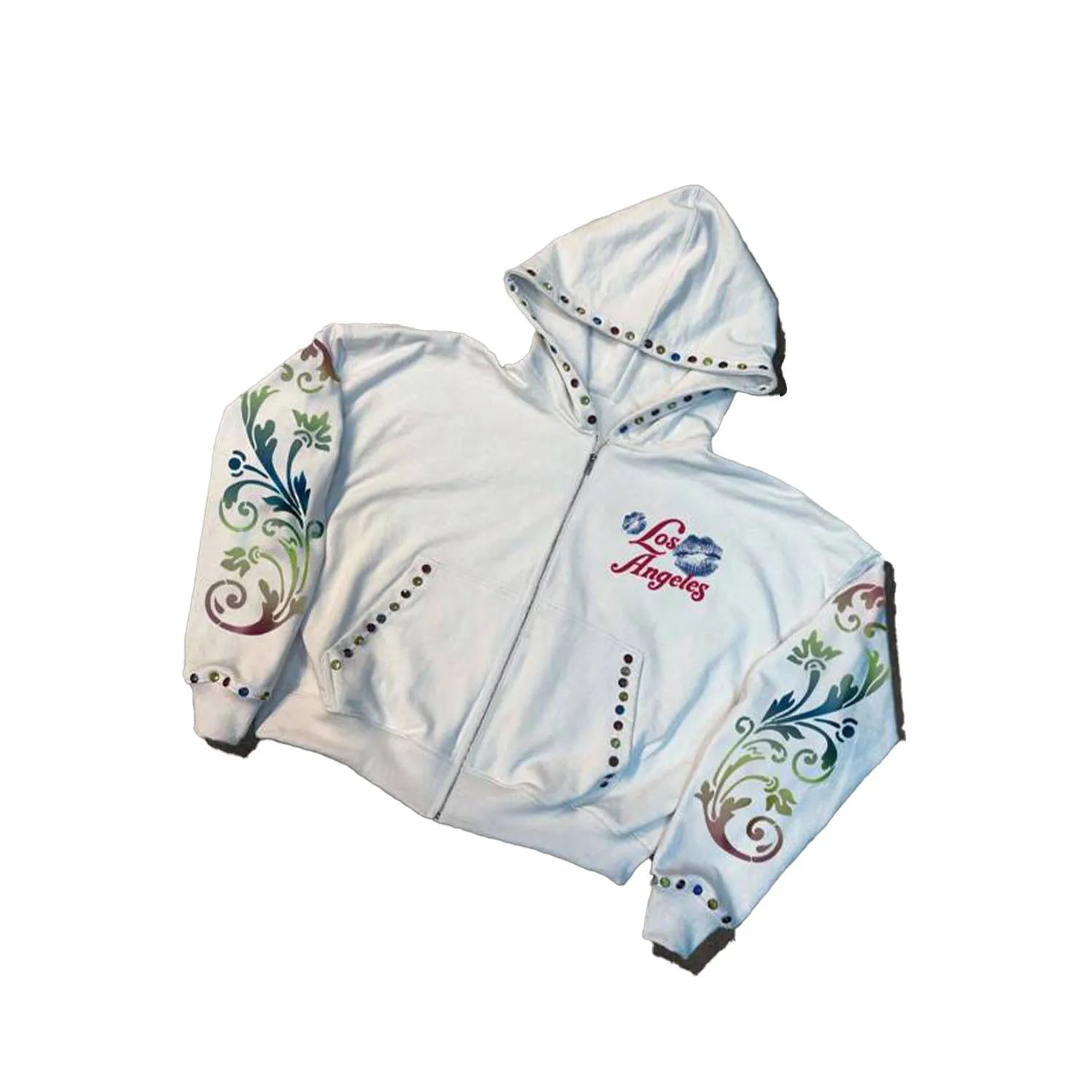 White Zip Custom Boxy Hoodie 100% Cotton Autumn Colorful Rhinestones Gradient Printed Sleeves Y2K Aesthetic Full Sleeve