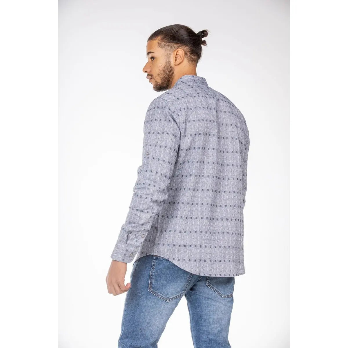 Imperio Shop Mandarin Collar Shirt Button-Up Long Sleeve Roll-Up Option Premium Gray Square Dot Casual Printed Polyester Men's
