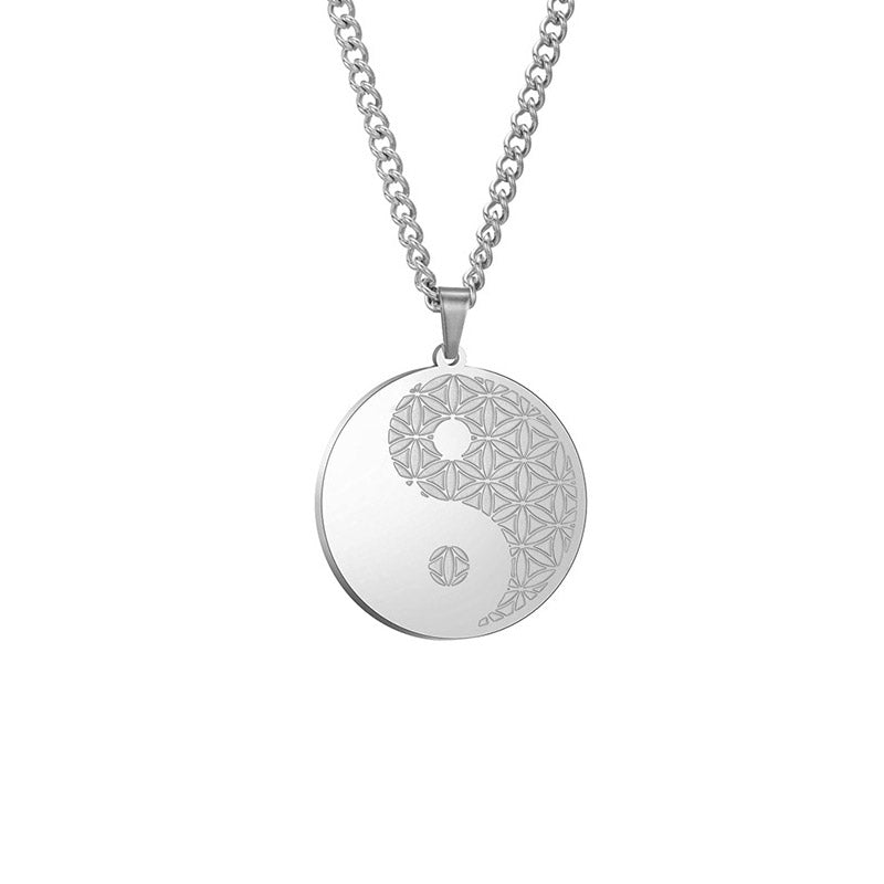Wholesale Chinese Religious Jewelry Stainless Steel Engraved Silver Yin Yang Necklace
