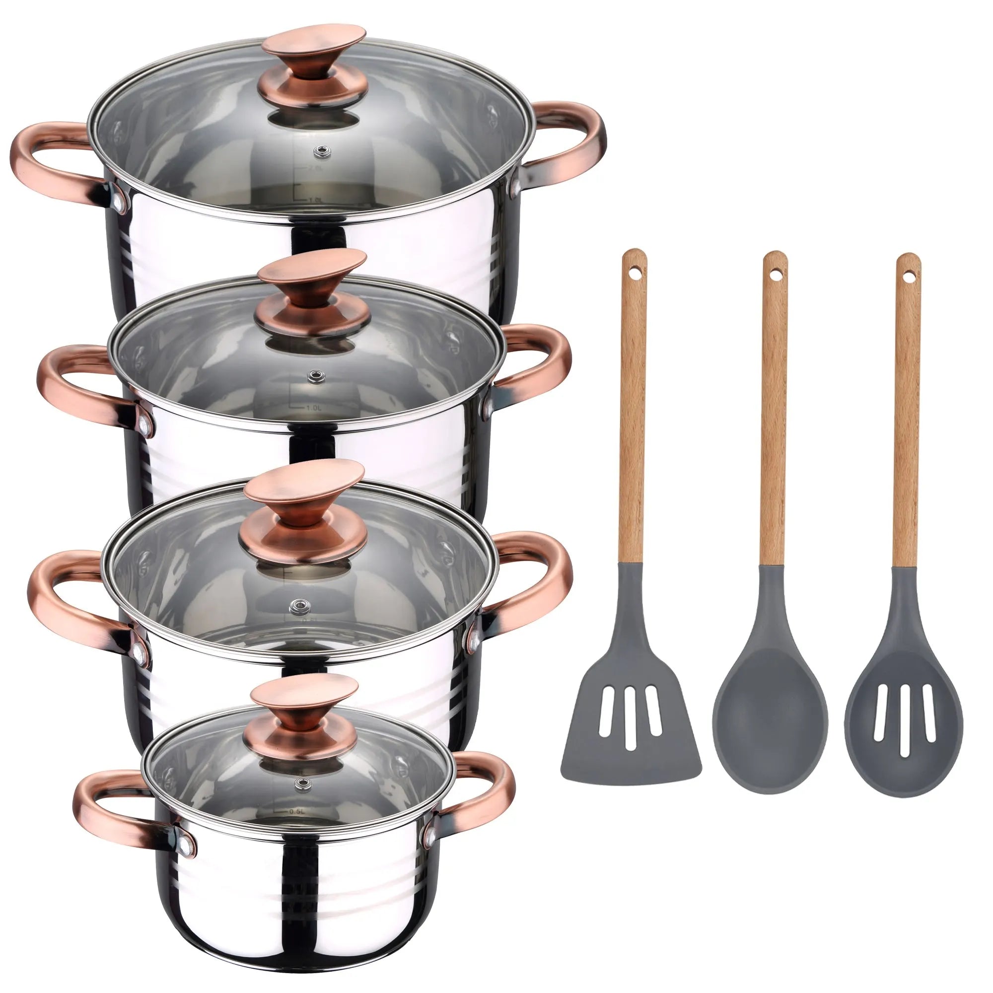 SAN IGNACIO Altea 8-piece stainless steel cookware set suitable for induction hobs with a set of 3 silicone kitchen utensils