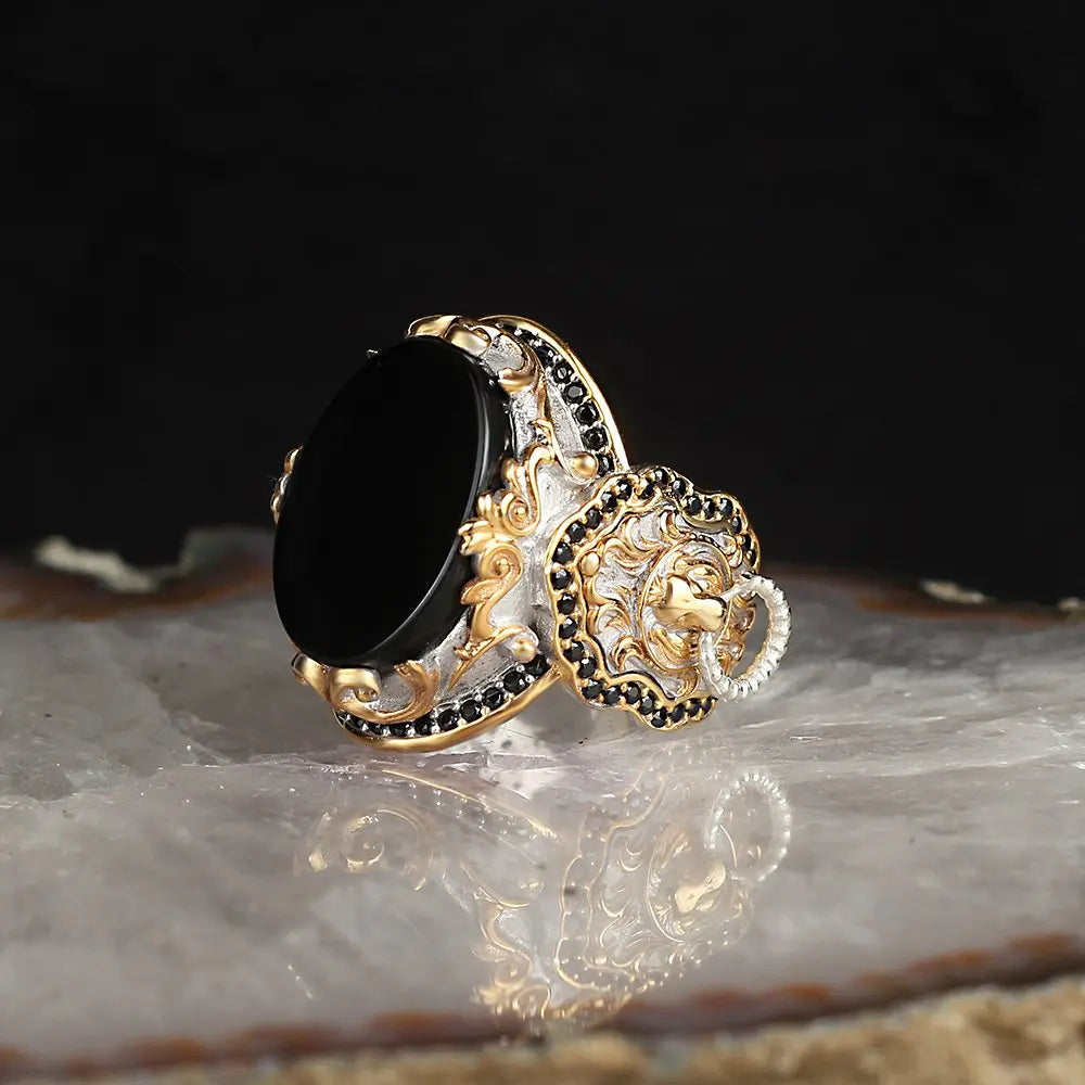 Hot New Men's Sterling Silver Ring 925 Ottoman Style Bi-Color Rhodium and Gold Plating Sale Turkey Model RCEGYT-515