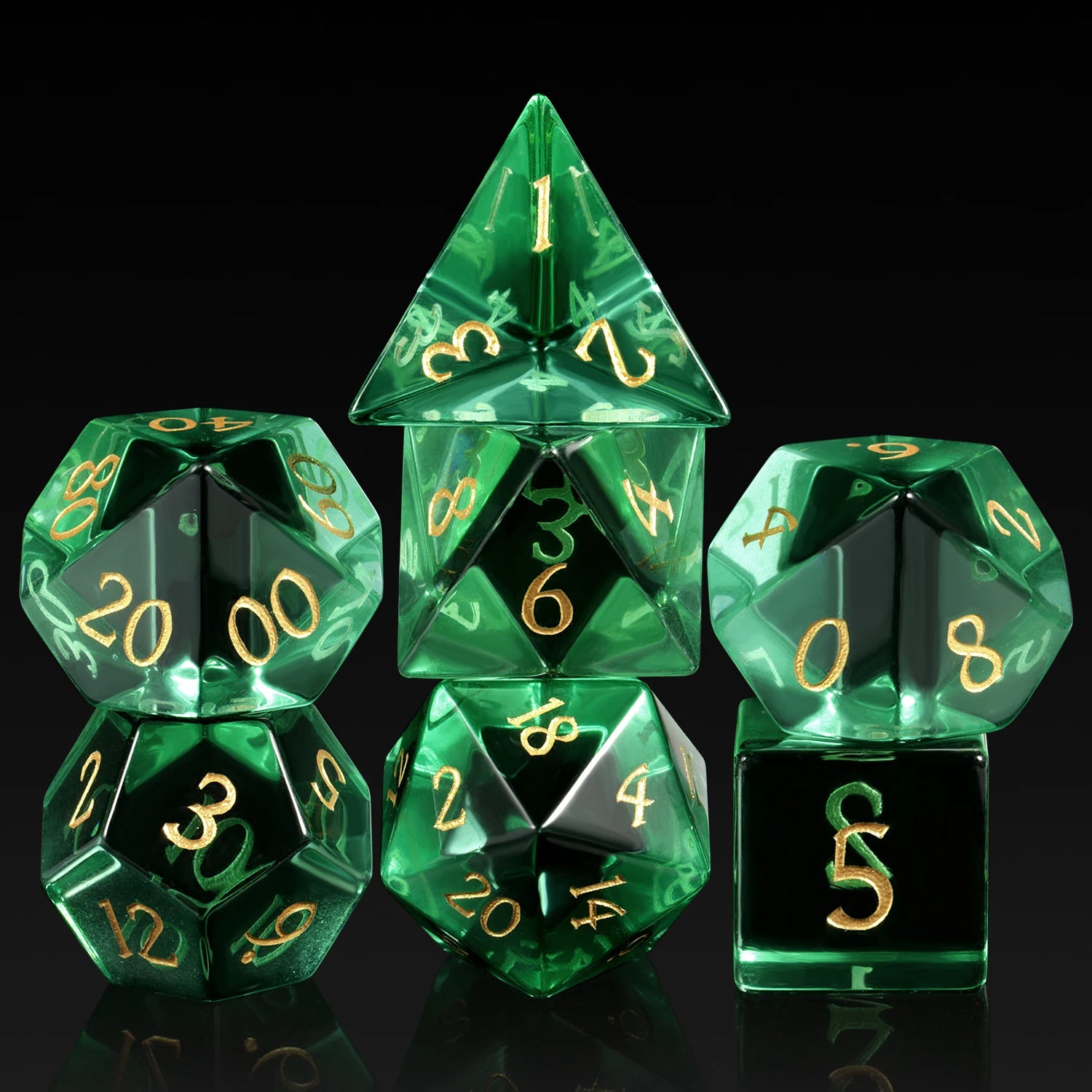 Gemstone D&D Engraved Glass Polyhedral Dice Set 16mm Green Handmade Stone D4-D20 D% Table Games