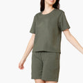 2024 Summer Casual Women's Loungewear Two Piece Sets Hot Selling Short Sleeve and Ruffle Shorts Solid Knee Length Front Logo