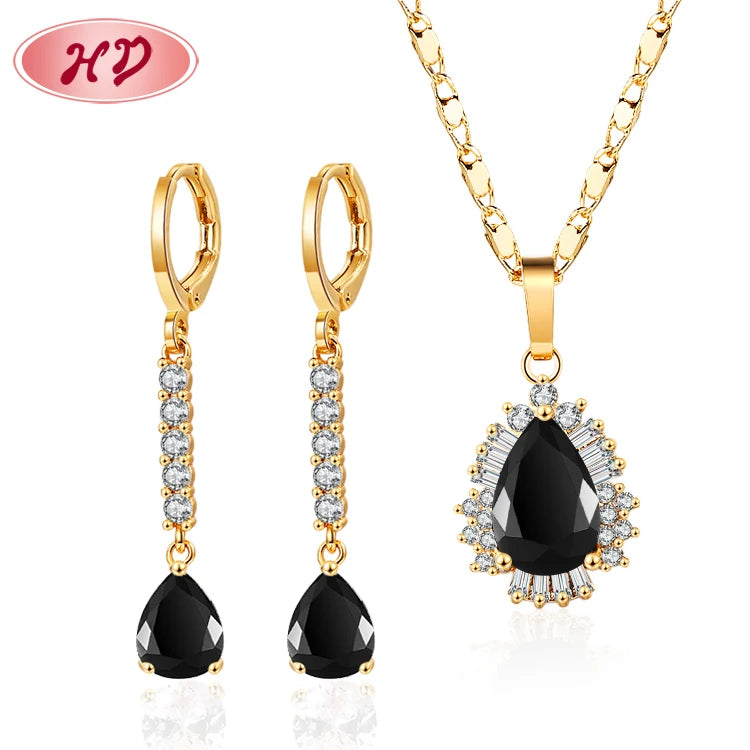 Cz Necklace Fashion Set Jewelry 18k Gold Plated Long Drop Earrings and Pendant Necklace Party Wedding Sets Jewelry