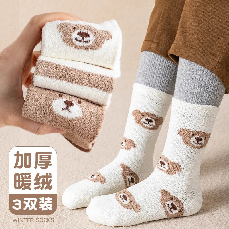 Winter Thick Warm Fluffy Kids Socks Cozy Cartoon Bear Cute Children Socks