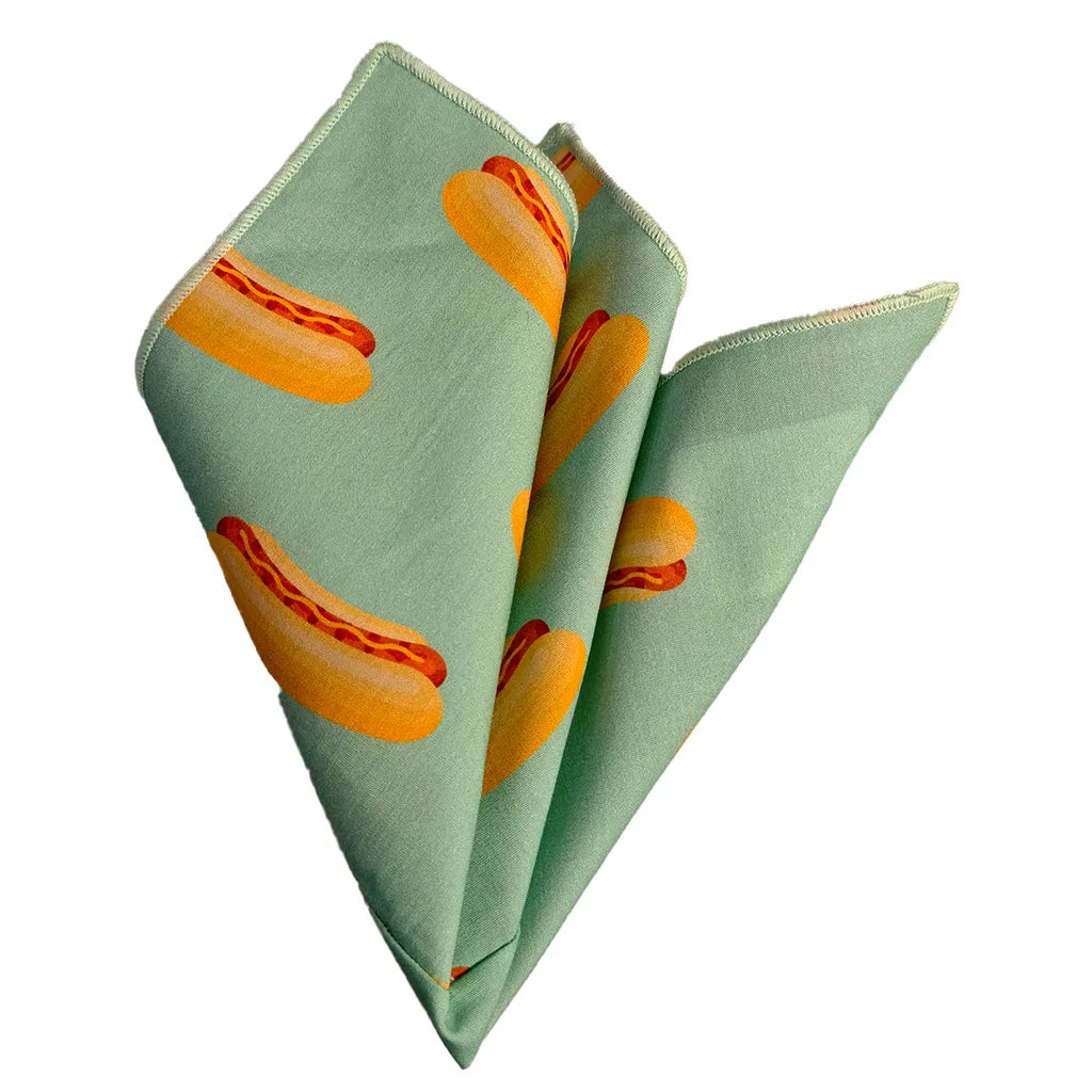 Aqua-Green Hotdog Printed 100% Cotton Certified Organic Pocket Square with Center Extra Stitching