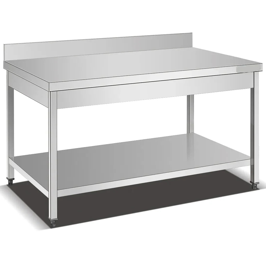 Two Tier 201 304 Stainless Steel Workbench Commercial Work Table With Backsplash Easy Assembly Sturdy Structure for Kitchen Use