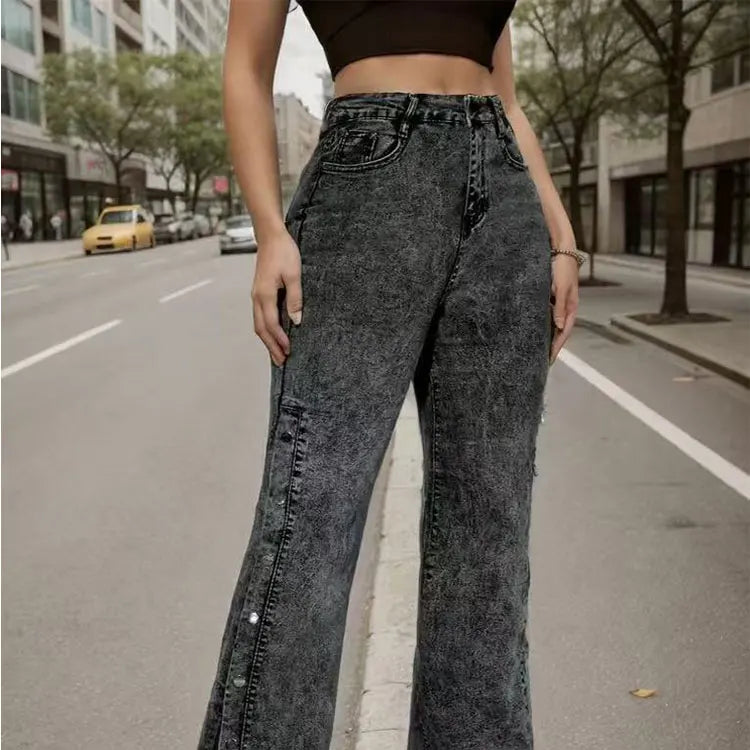 Women's Western Cross-Border Denim Flares - Classic Retro Mid-Rise Stretchy Split Hem & Multi-Button