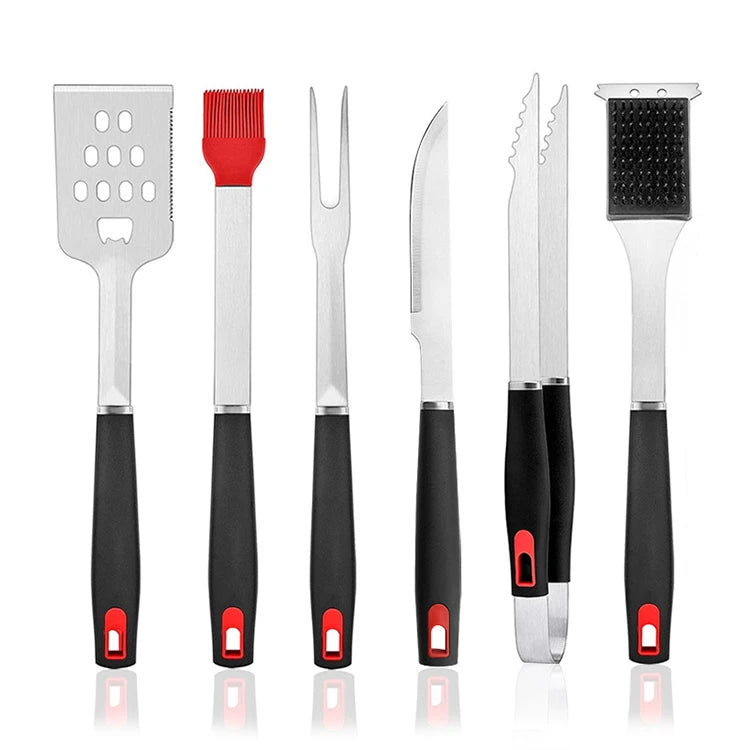 Multifunctional BBQ Spatula Tong Fork Brush Set Stainless Steel Grill Tools Set with Plastic Handle for Outdoor Camping
