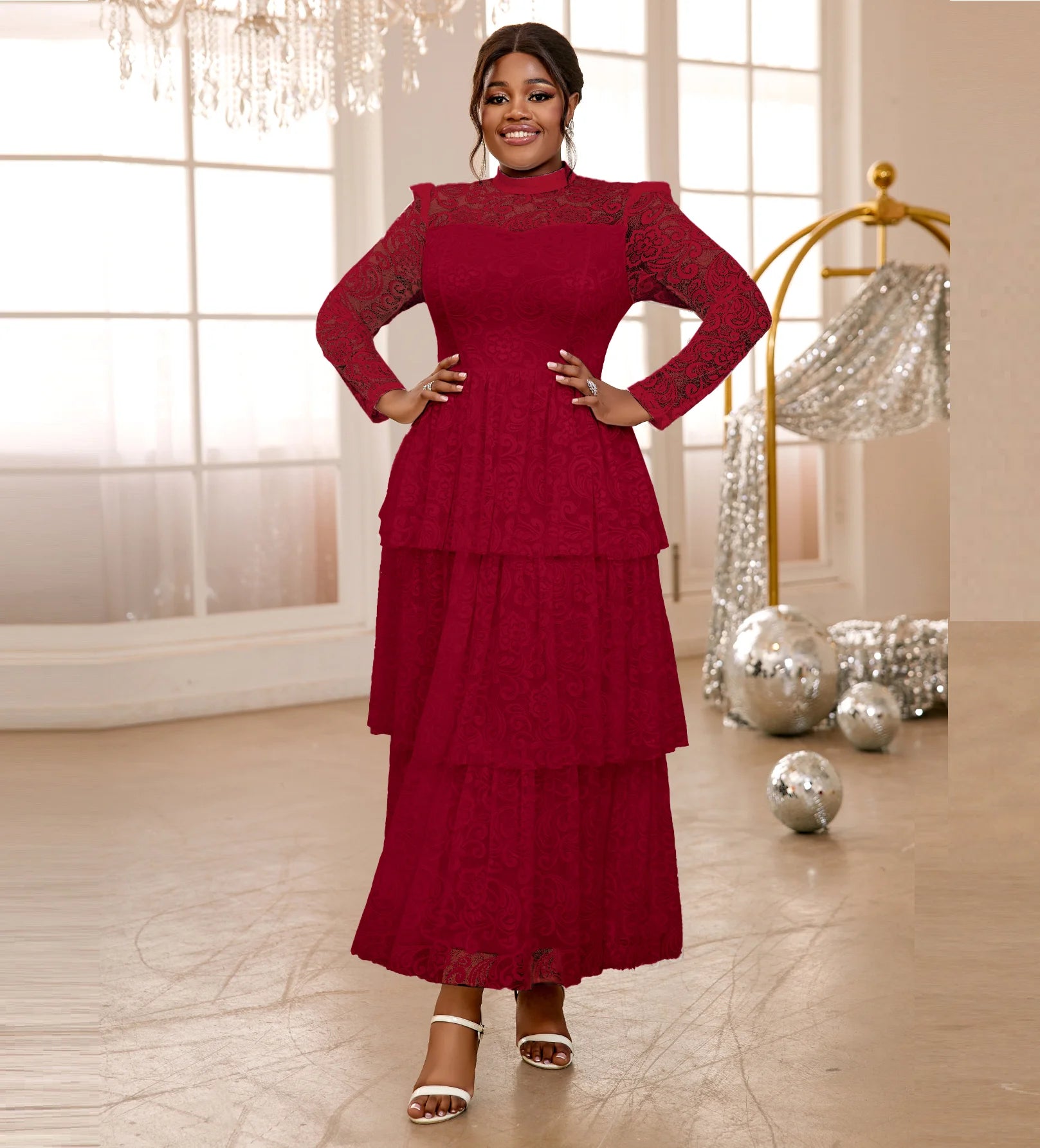 Long Sleeve a Line Romantic See Through Lace Plus Size Women Dresses
