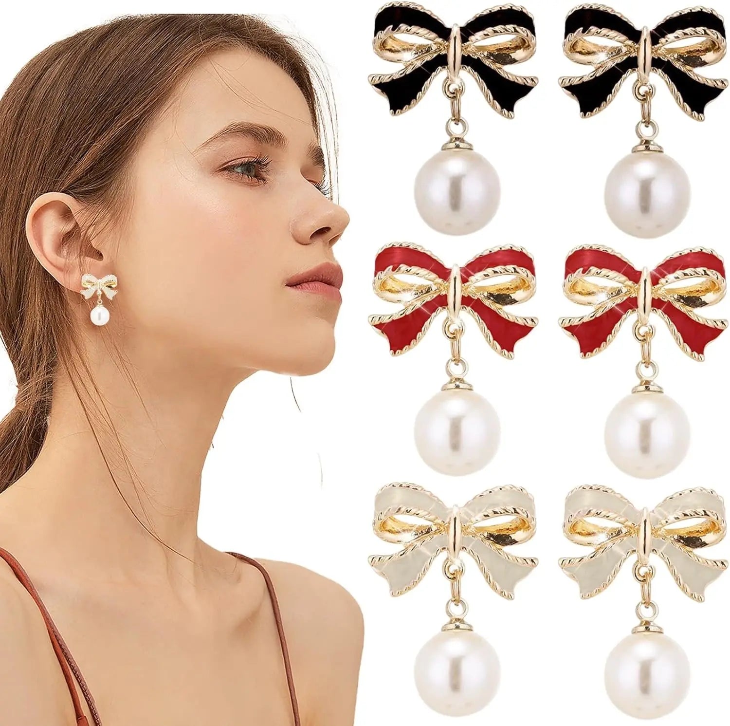 Sweet Coloful Hypoallergenic Ear Clip Korean Stylish Bowknot Dangle Pearl Stud Earrings to My Daughter